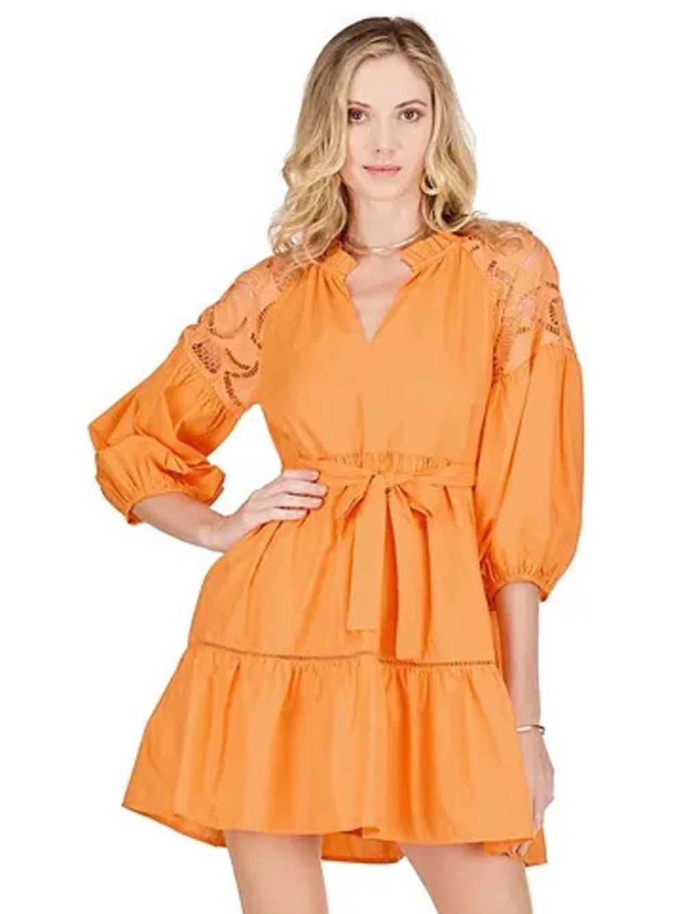 orange lace block tier dress